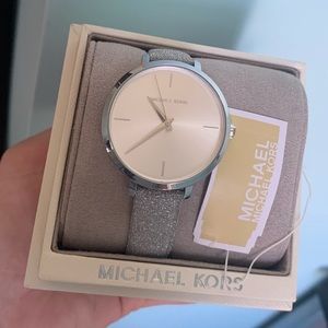 Michael Kors Leather Band Silver Glitter Watch